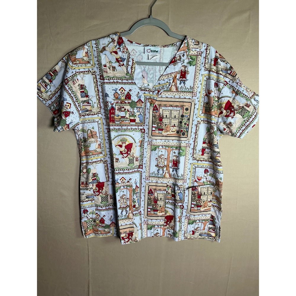 Life‎ Womens Scrub Top Medium M Cotton Cottagecore Honey Bear Whimsical Print